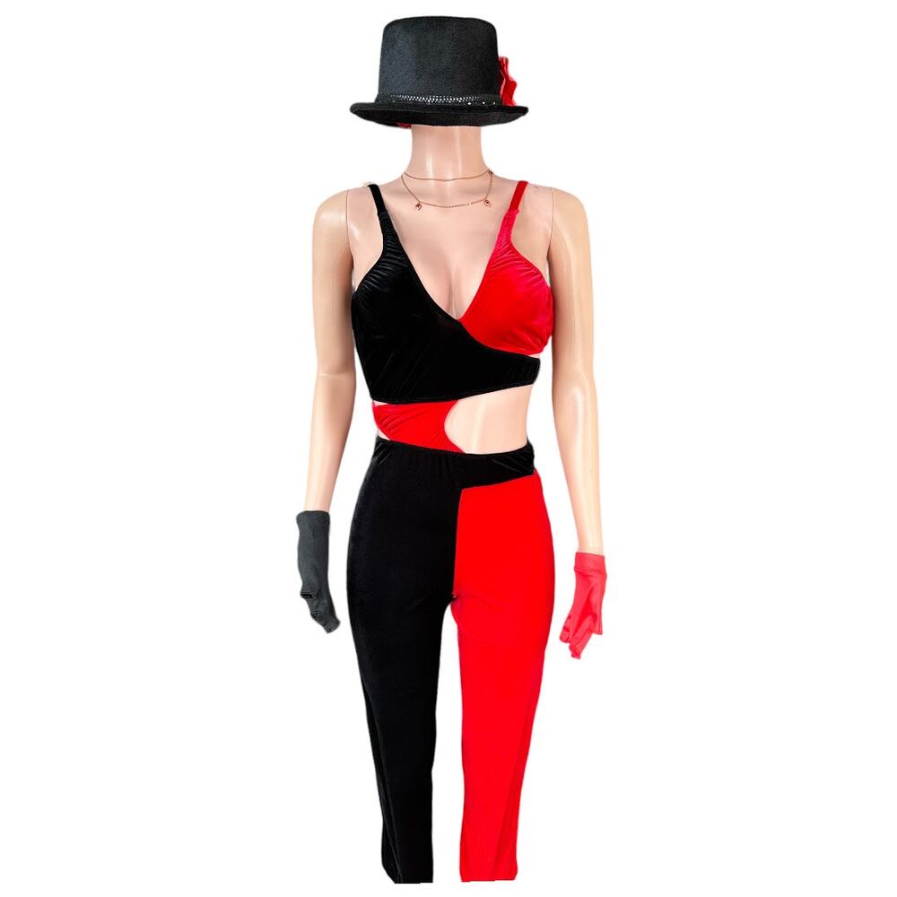 Red & Black Velvet Colorblock Jumpsuit Dance Costume with Top Hat & Gloves